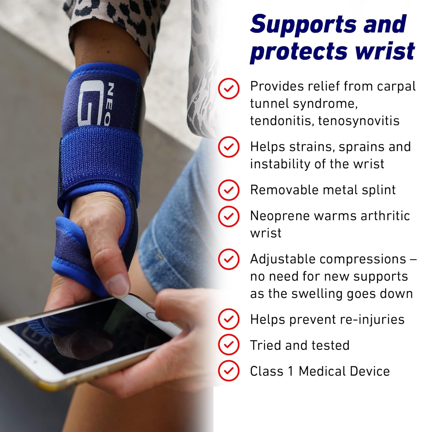 Neo-G Stabilized Carpal Tunnel Wrist Brace with Removable Splint, Adjustable Compression

