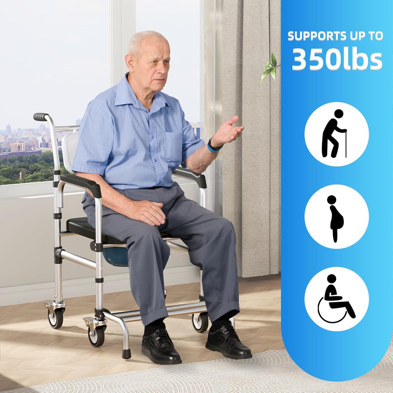 4-in-1 Rolling Bedside Commode Chair with Wheels for Shower and Raised Toilet Seat

