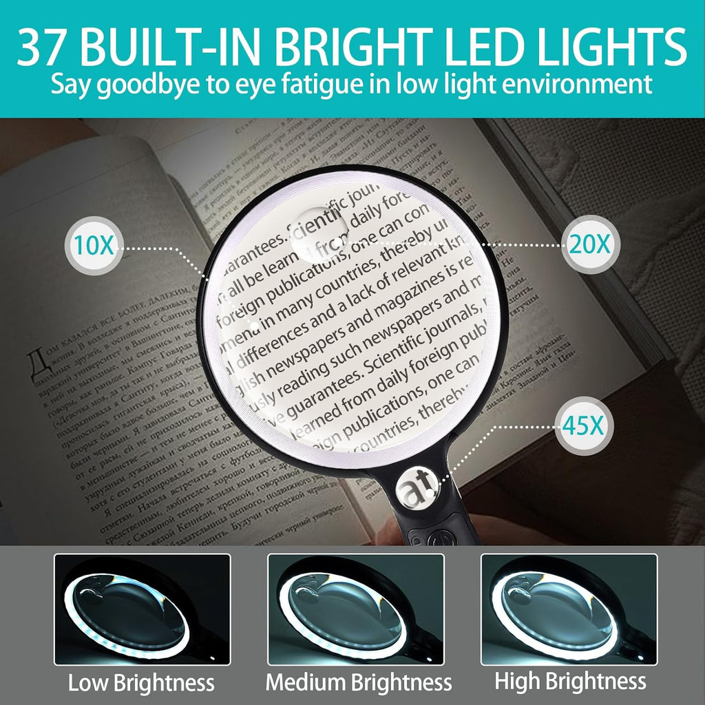 Handheld Illuminated Magnifying Glass 37 LED 10X 20X 45X Rechargeable USB

