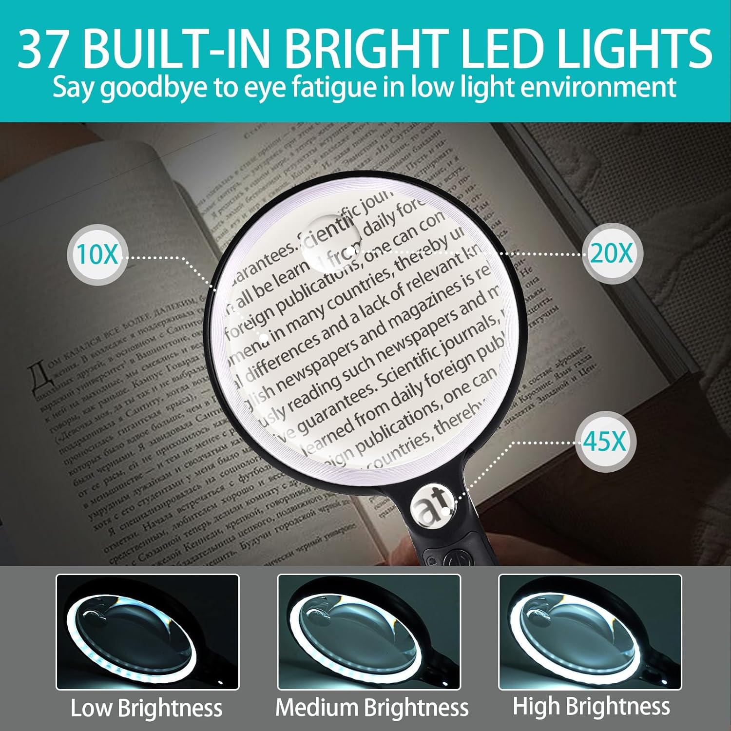 Handheld Illuminated Magnifying Glass 37 LED 10X 20X 45X Rechargeable USB


