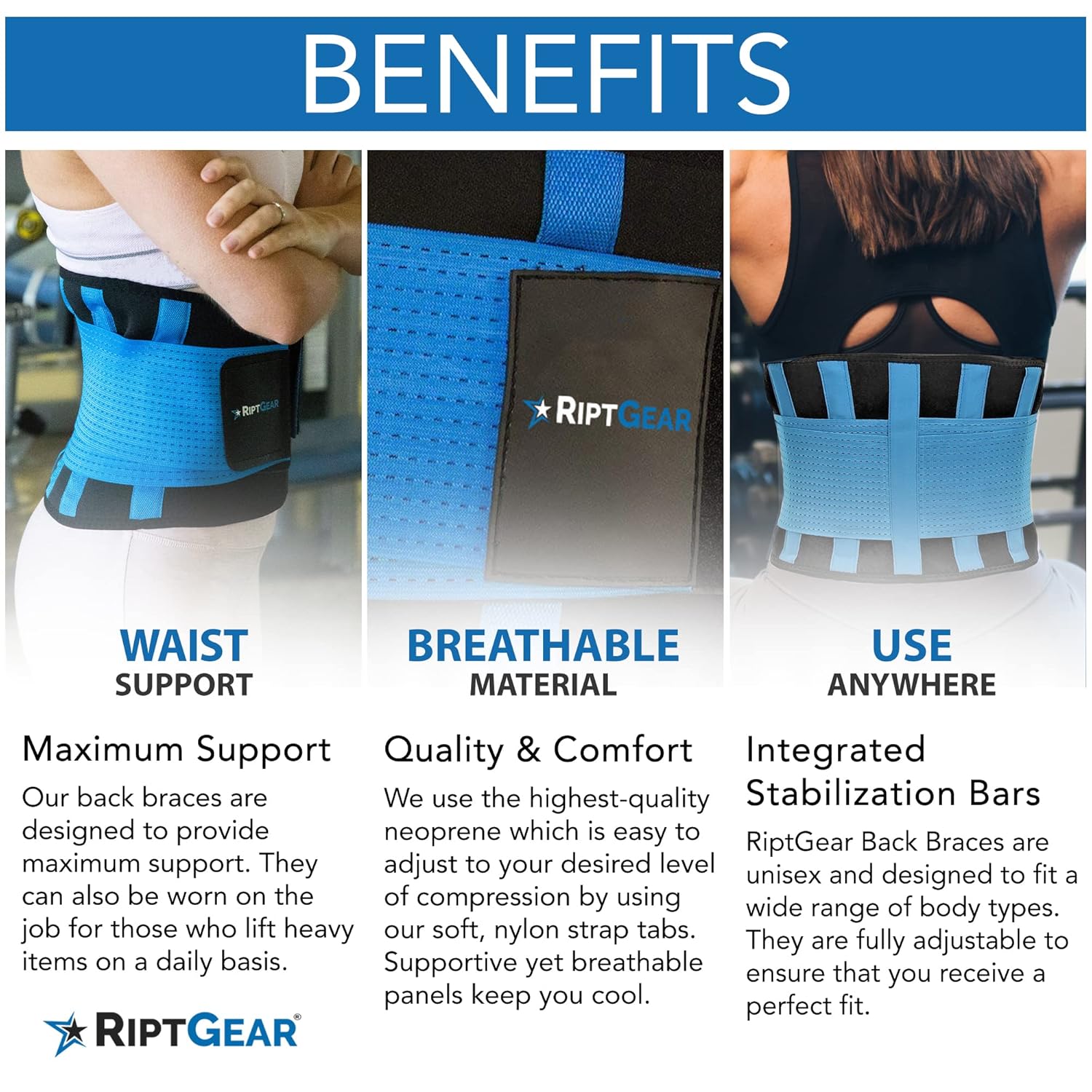 RiptGear Back Brace for Lower Back Pain Relief, Lumbar Support with Stabilizers

