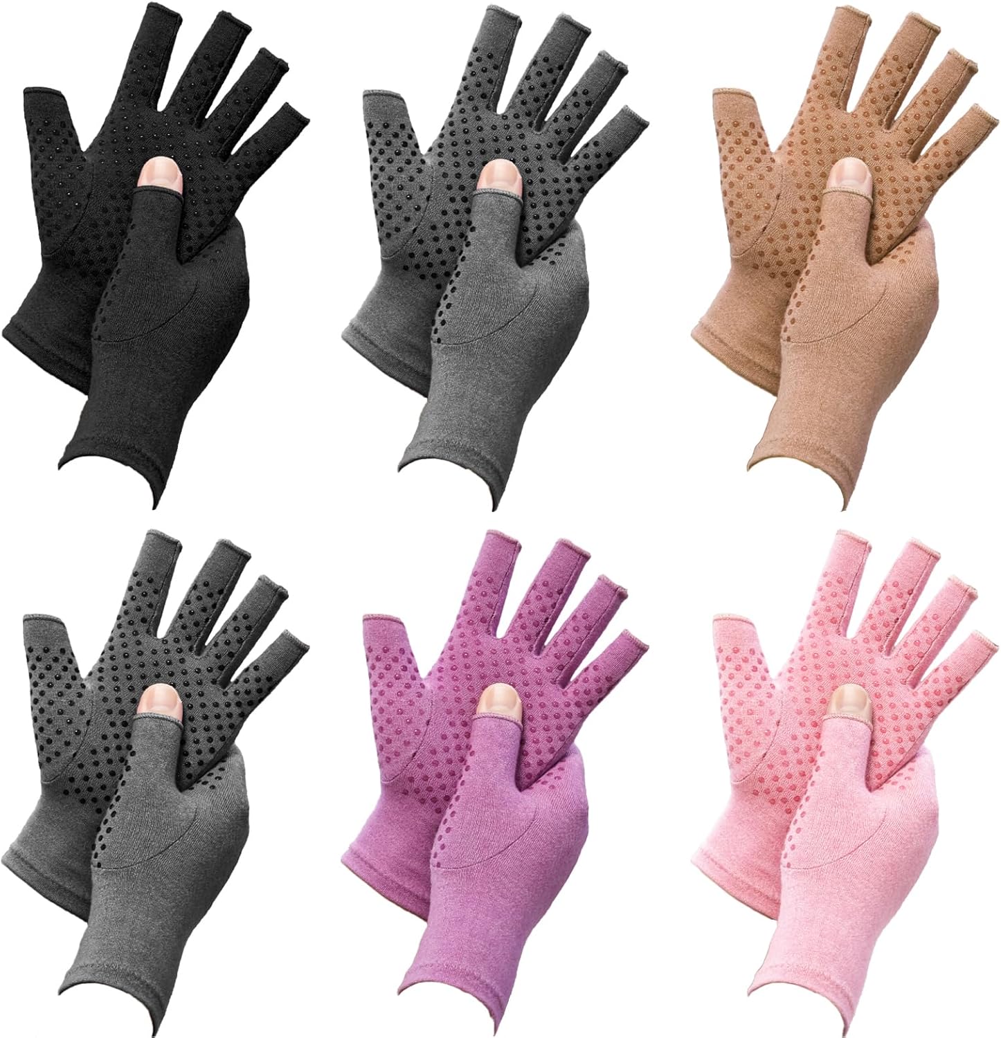 6 Pairs Arthritis Compression Gloves, Fingerless Hand Support for Typing Driving

