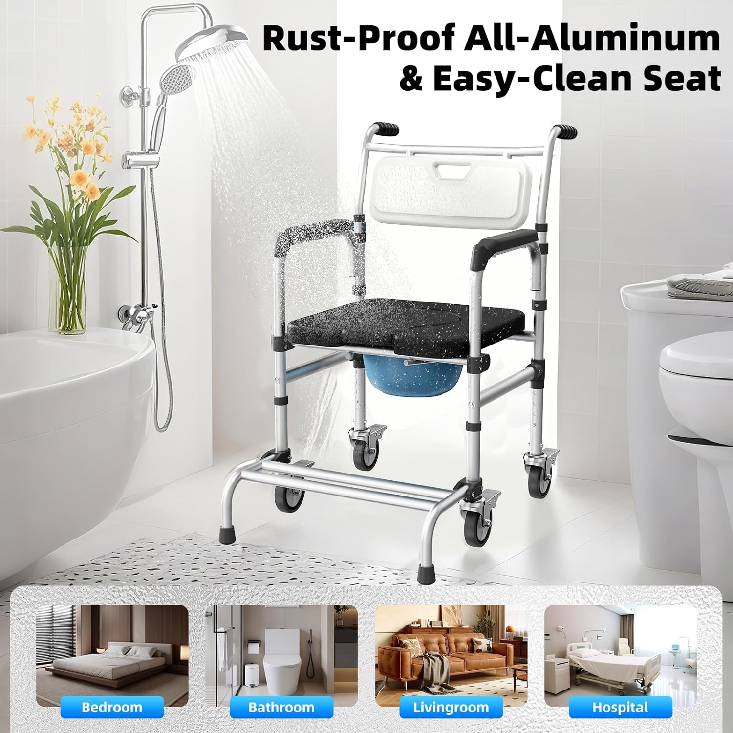 4-in-1 Rolling Bedside Commode Chair with Wheels for Shower and Raised Toilet Seat

