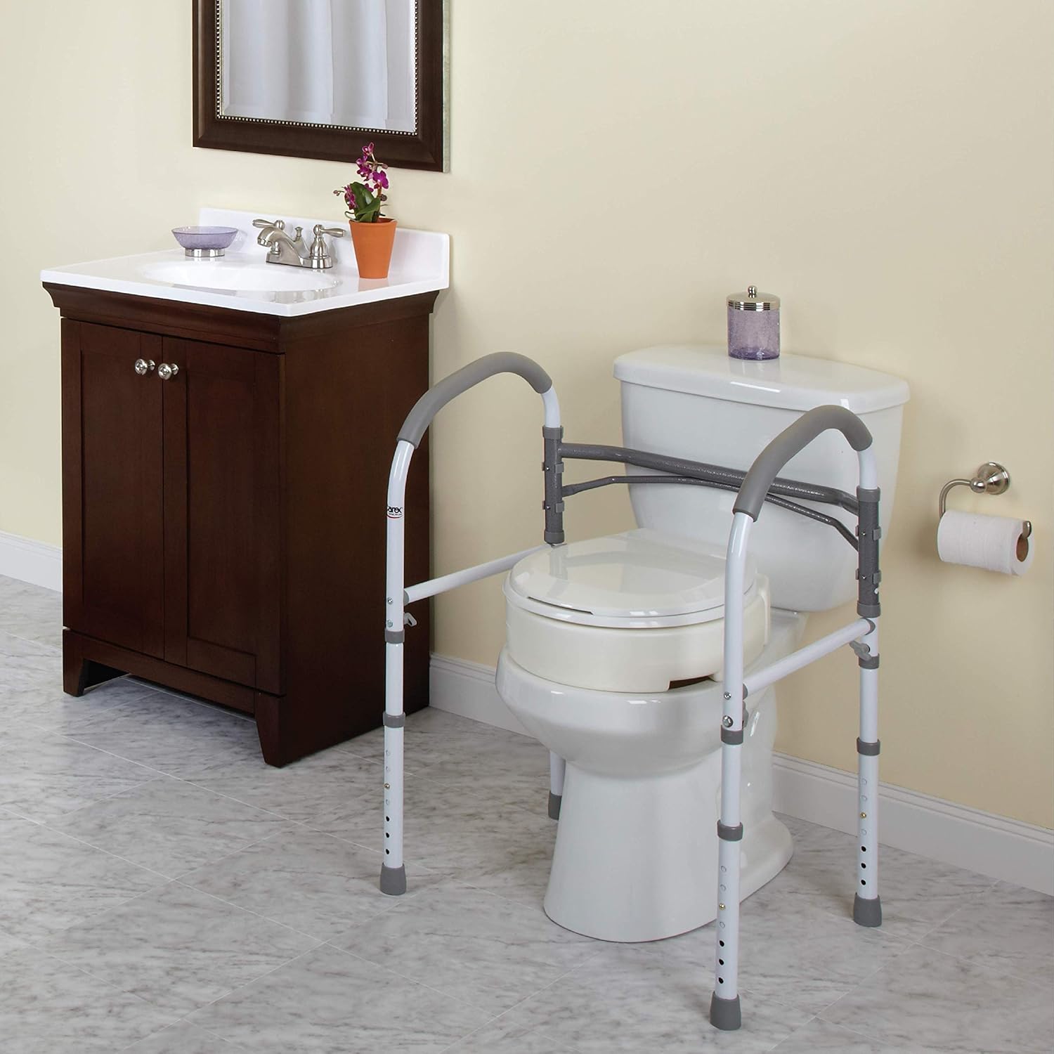 Carex Adjustable Toilet Safety Rail with Handles, Non-Slip Padded Grab Bar Frame

