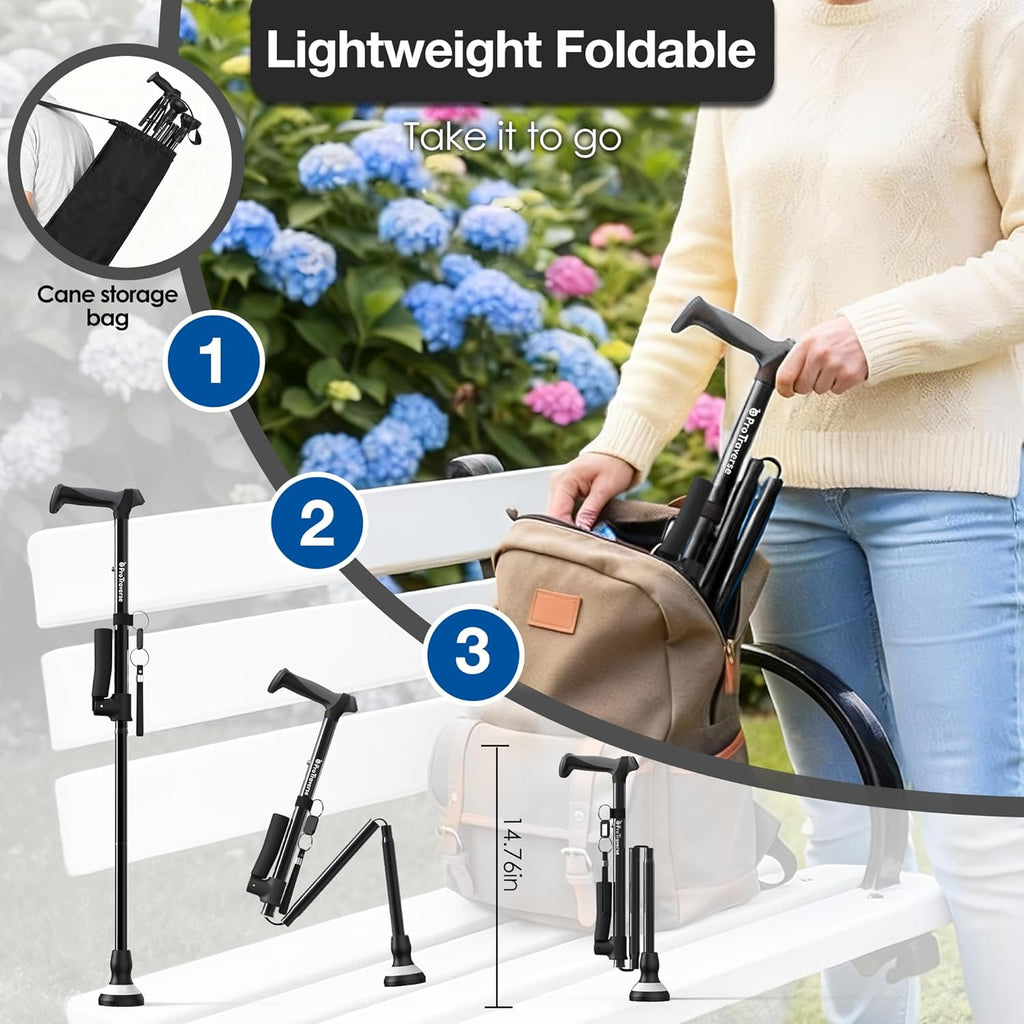 Foldable Adjustable Walking Cane with Dual Handles, Self-Standing, 350 lb

