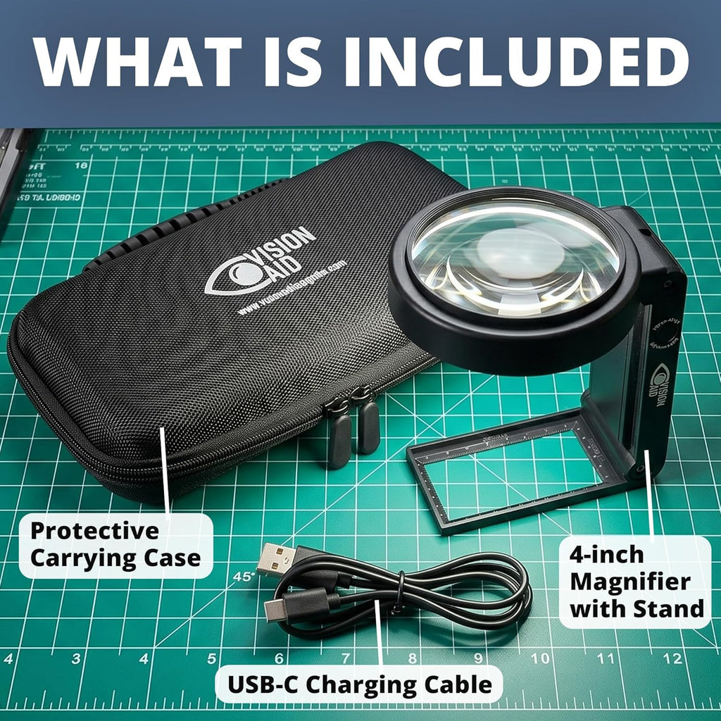 Hands-free magnifying glass with stand and illumination for reading and crafts

