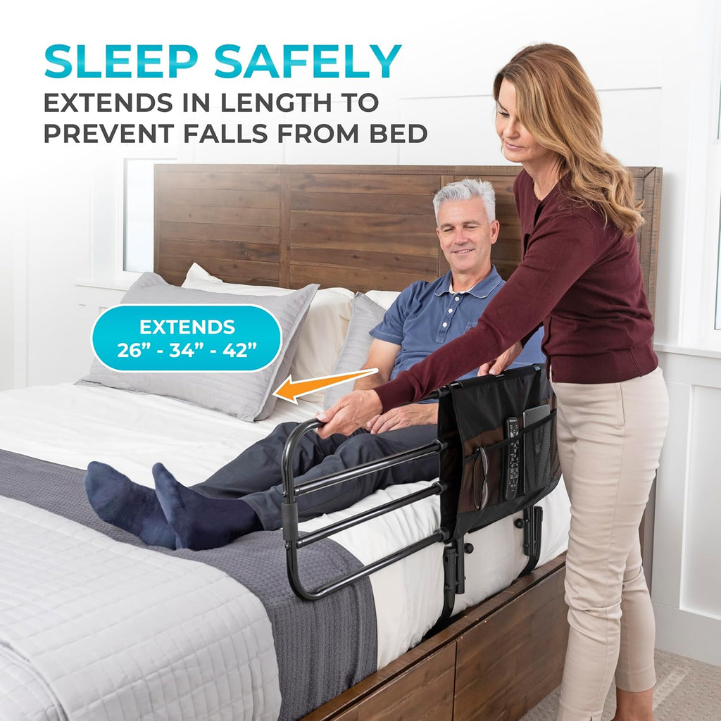 Stander EZ Adjust Bed Rail Adjustable Safety Assist Rail with Organizer Pouch, Black

