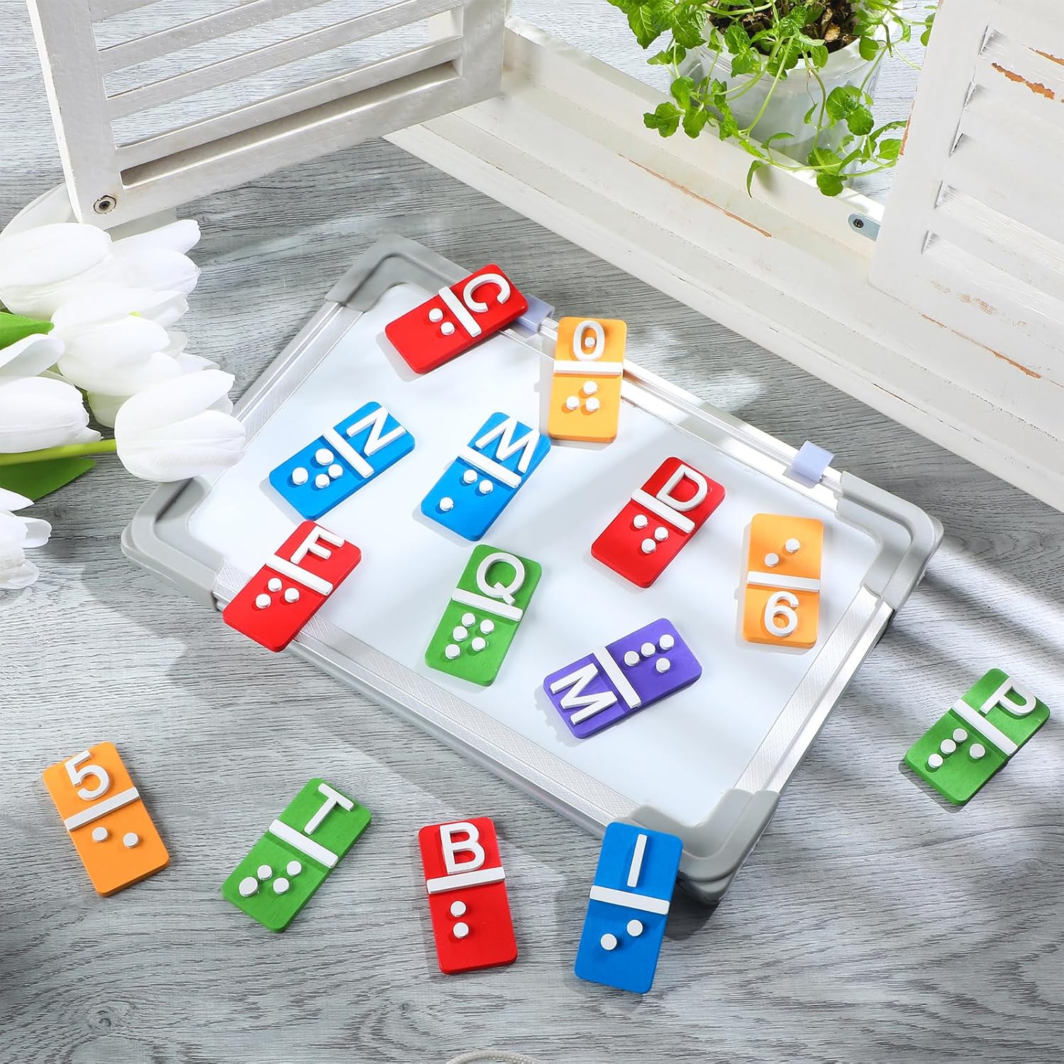 Feifeiya Wooden Braille Alphabet and Number Tiles with Raised Dots and Punctuation

