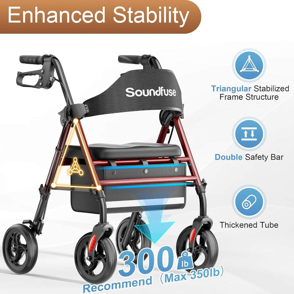 SOUNDFUSE Rollator Walker with Seat, All-Terrain 8 in Wheels, Height Adjustable Foldable

