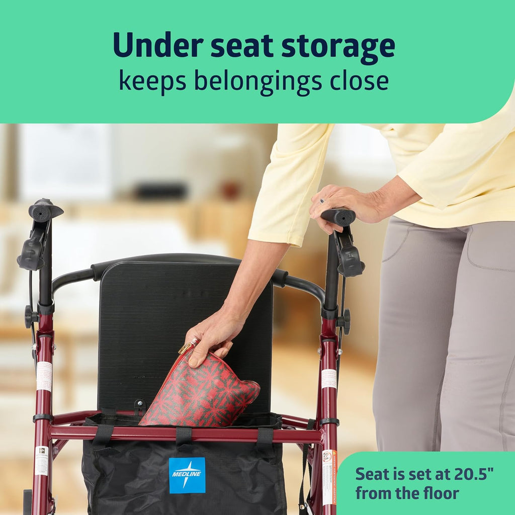 Medline Steel Rollator Walker with Seat, Foldable, Adjustable Handles, 6" Wheels

