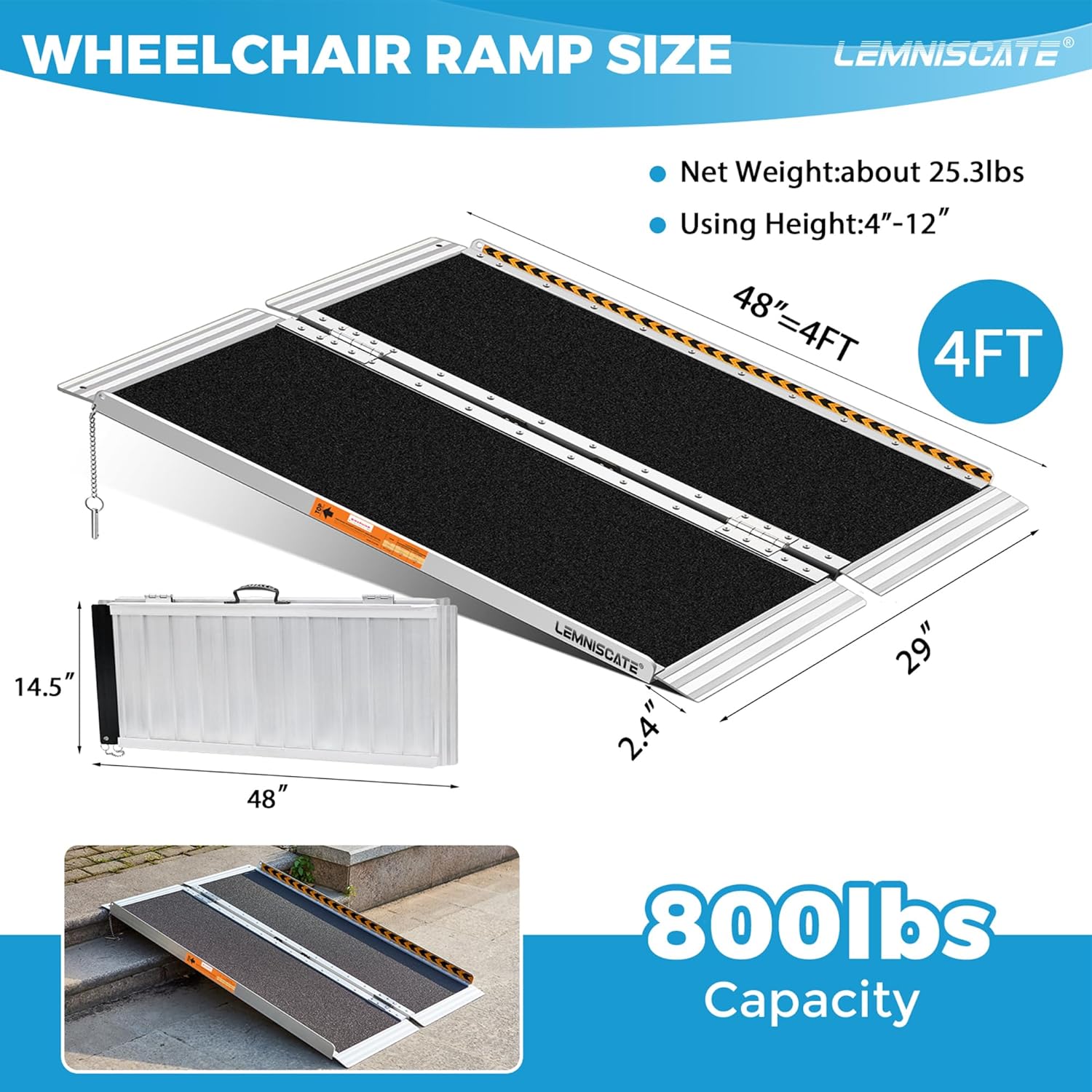 LEMNISCATE Portable Wheelchair Ramp Folding Aluminum Non-Slip Ramp with Handle

