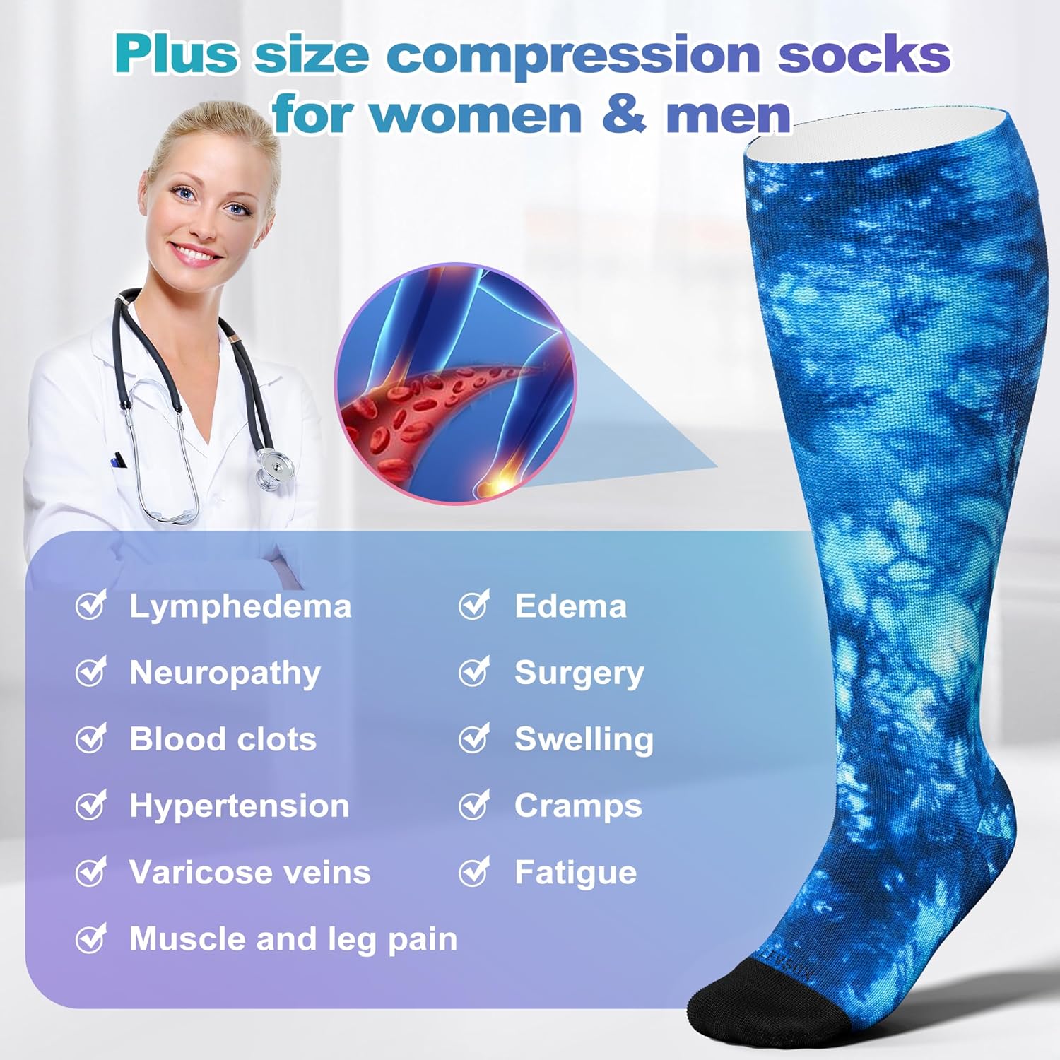 LEVSOX Knee High Compression Socks for Women Men Wide Calf 15-20 mmHg

