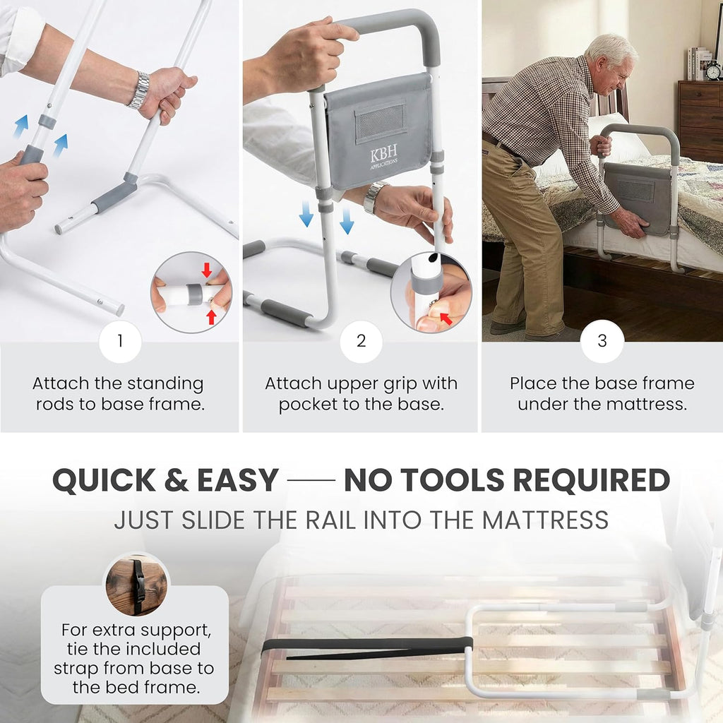 Bed Assist Rail for Seniors, Adjustable Non-Slip Handle with LED Light & Storage

