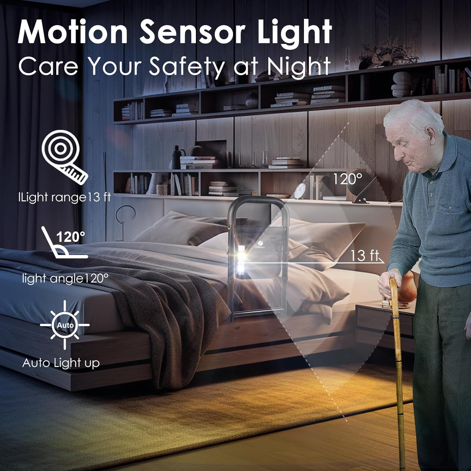 Adjustable Bed Rail for Seniors with Motion Light, Padded Grab, Storage Pockets

