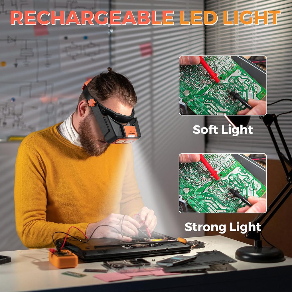 Rechargeable Headband Magnifier with Light, 4-Lens Loupe Visor for Close Work

