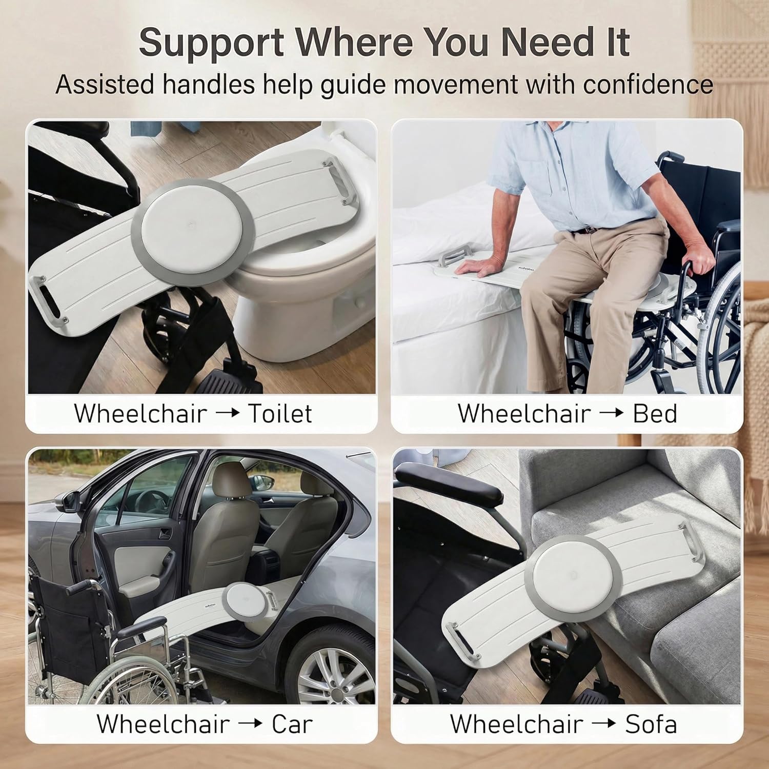 Rotating Transfer Board with Turntable and Dual Handles, Non-Slip Wheelchair Aid

