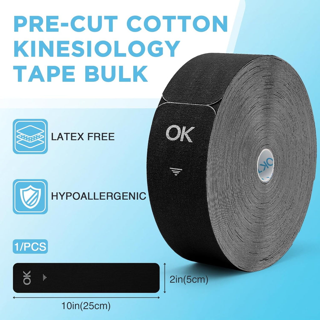 OK Tape Kinesiology Tape Pre-Cut Strips Bulk, Latex-Free Elastic Cotton, 2 in x 10 in

