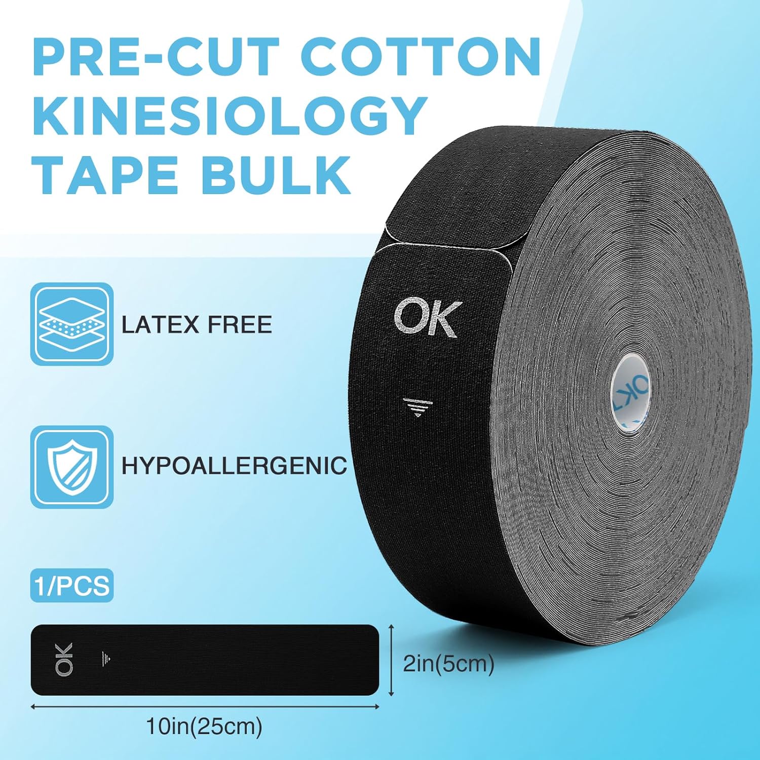 OK Tape Kinesiology Tape Pre-Cut Strips Bulk, Latex-Free Elastic Cotton, 2 in x 10 in


