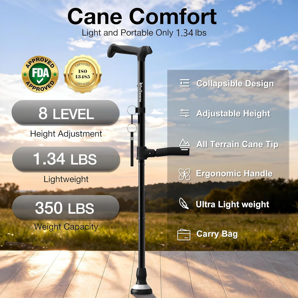 Foldable Adjustable Walking Cane with Dual Handles, Self-Standing, 350 lb

