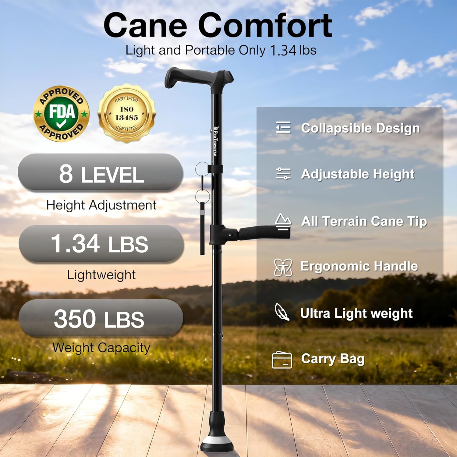 Foldable Adjustable Walking Cane with Dual Handles, Self-Standing, 350 lb

