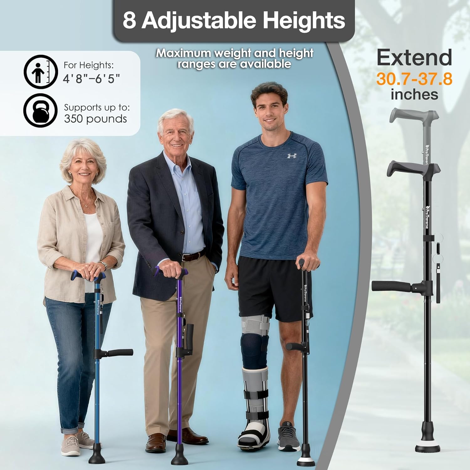 Foldable Adjustable Walking Cane with Dual Handles, Self-Standing, 350 lb

