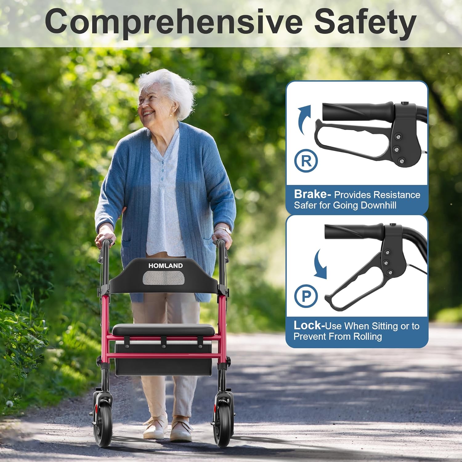 HOMLAND Foldable Rollator Walker with Seat, 8 in Wheels, Adjustable Handles

