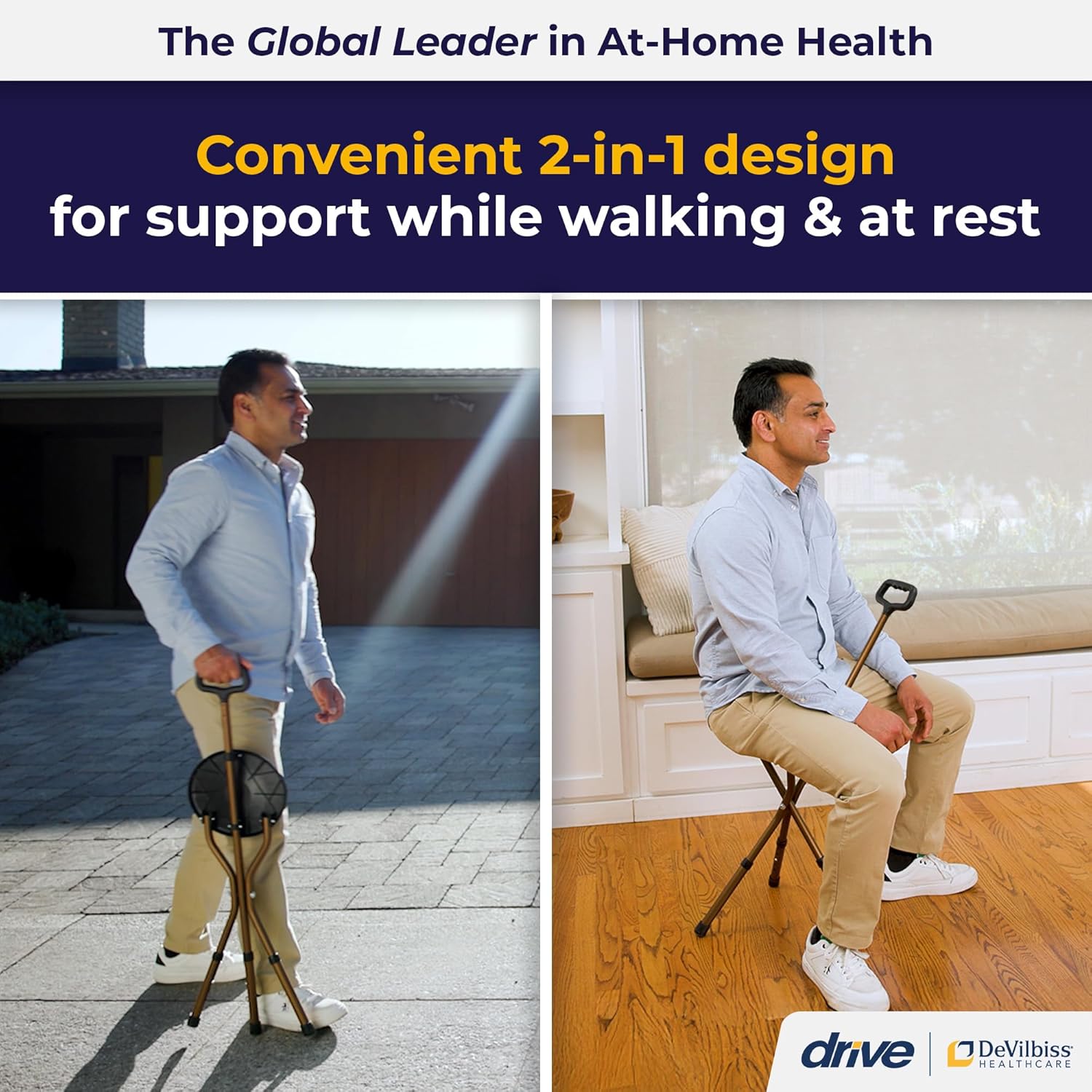 Drive Medical RTL10365 Adjustable Lightweight Folding Cane with Seat

