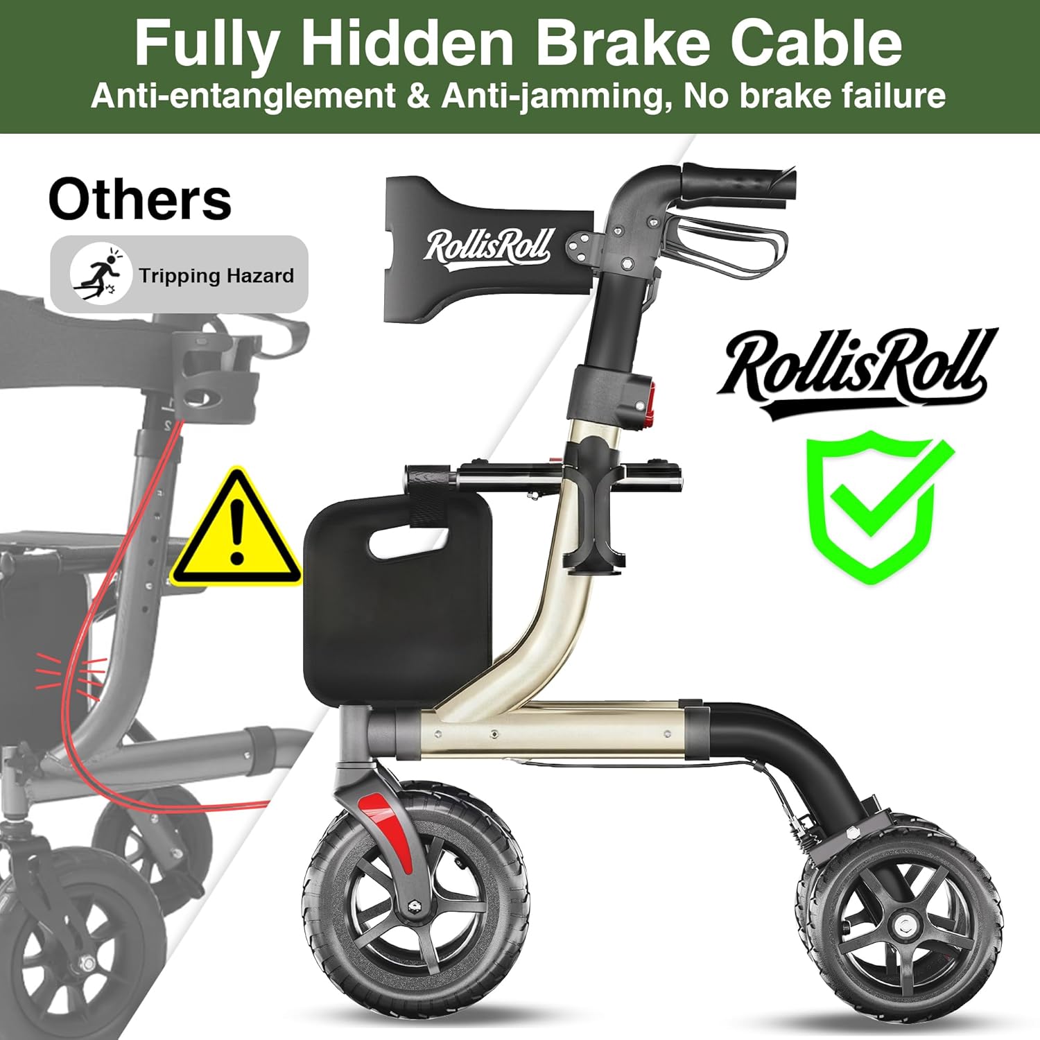 RollisRoll Rollator Walker with Seat, Foldable 4-Wheel, 10" All-Terrain Rubber Wheels

