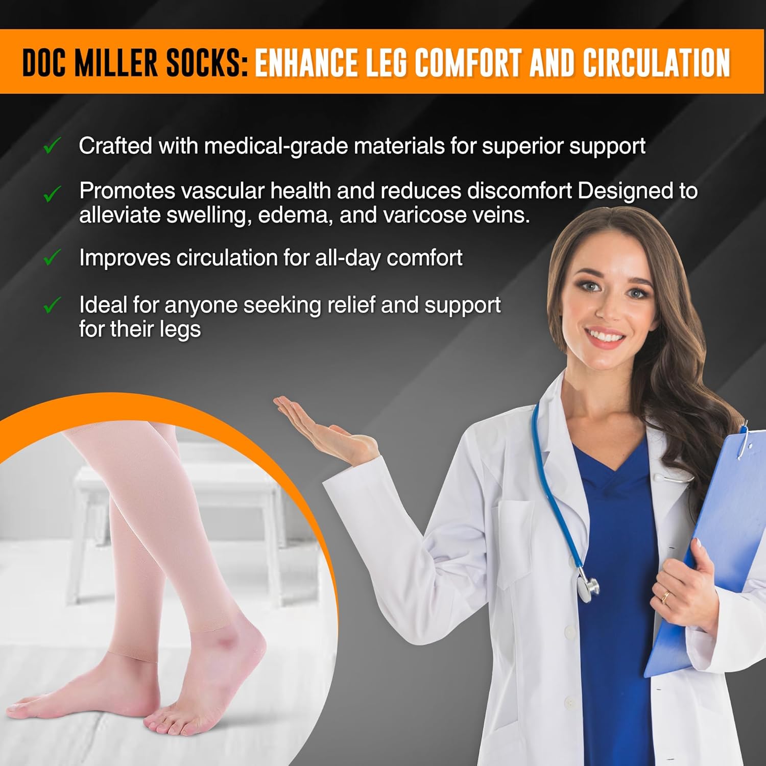 Doc Miller Compression Calf Sleeve, 15-20mmHg Graduated Support, Knee High, Pair

