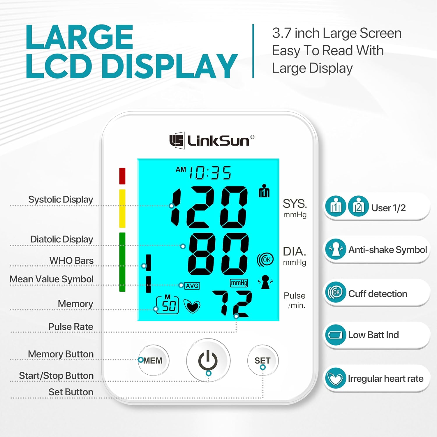 LinkSun Arm Blood Pressure Monitor for Home Use with Large LCD and Adjustable Cuff

