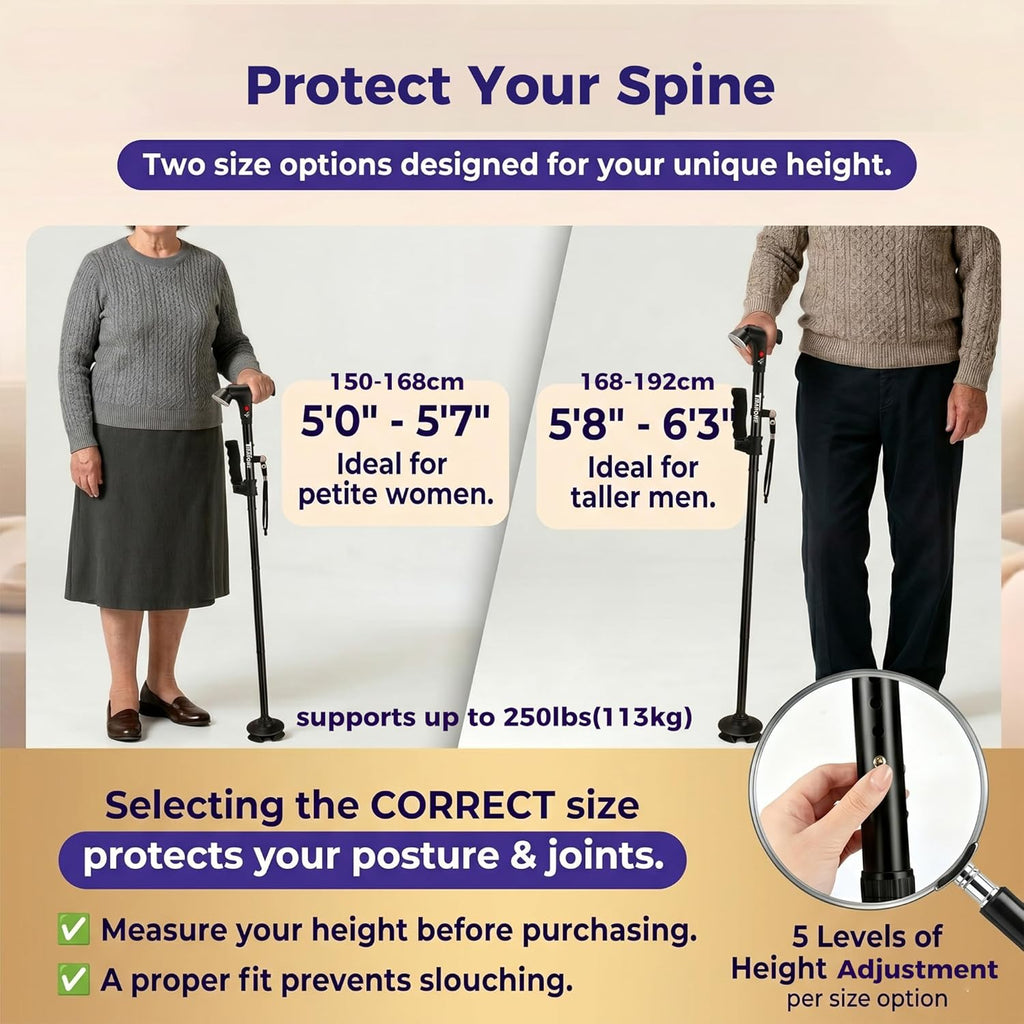 TIRAROME 3-in-1 Folding Walking Cane with SOS Alarm and LED Light, Adjustable

