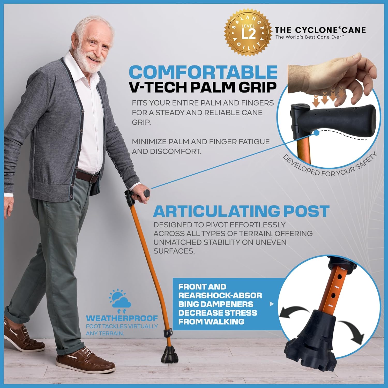 Dynamo Cyclone Adjustable Walking Cane with V-Tech Handgrip for Stability

