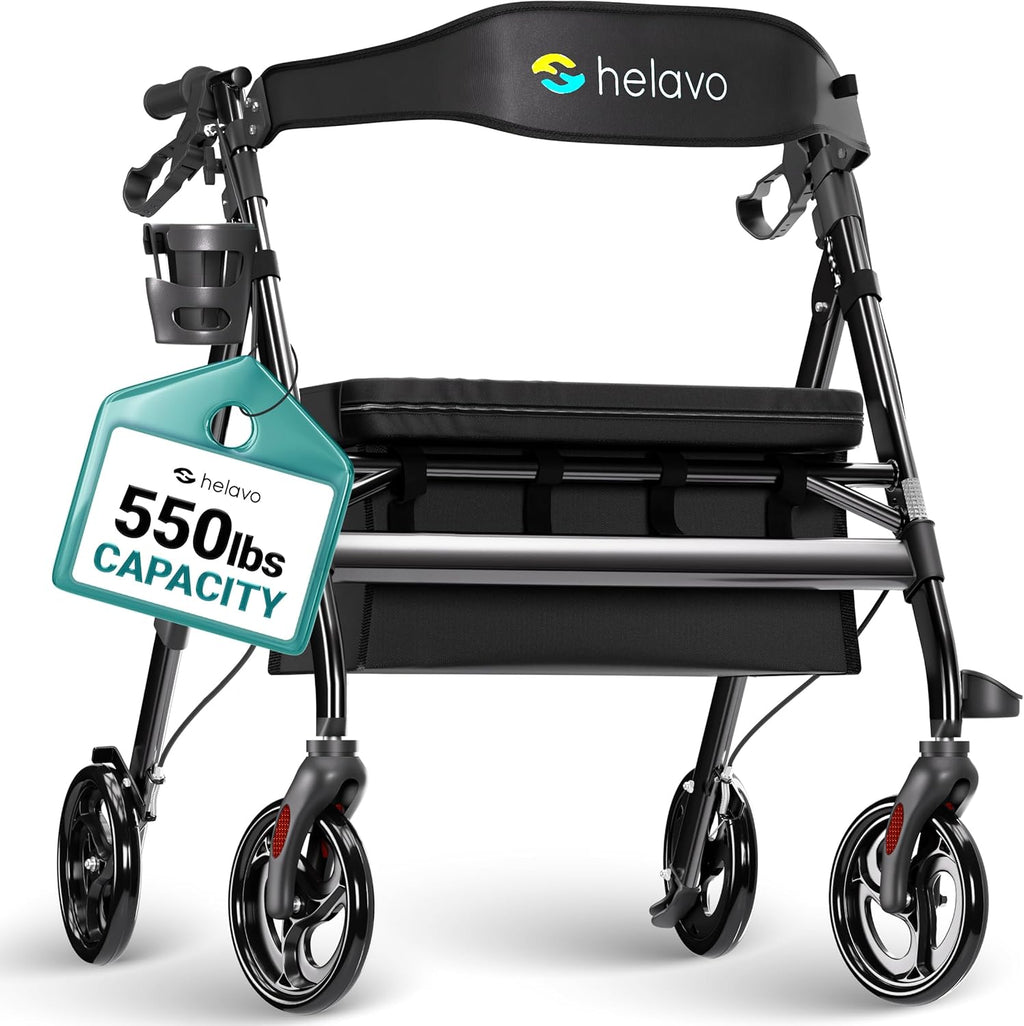 Helavo Bariatric Rollator Walker with Adjustable Seat, 8in Wheels, 550 lb Capacity

