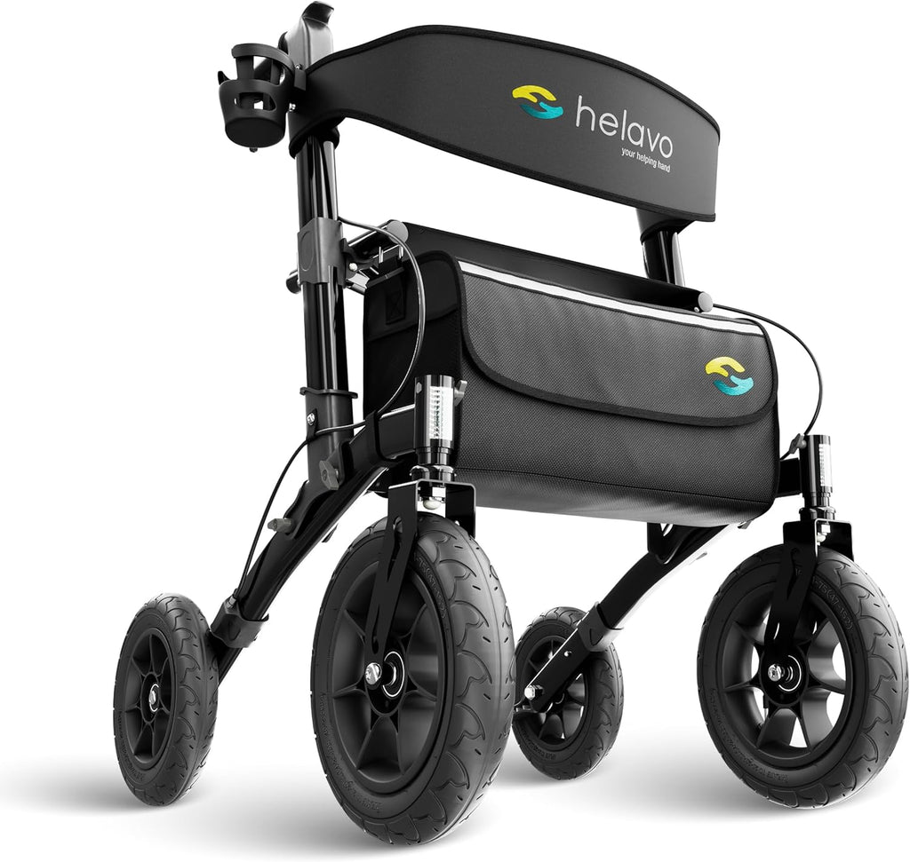 Helavo All Terrain Rollator Walker with Pneumatic Tires, Seat, Foldable

