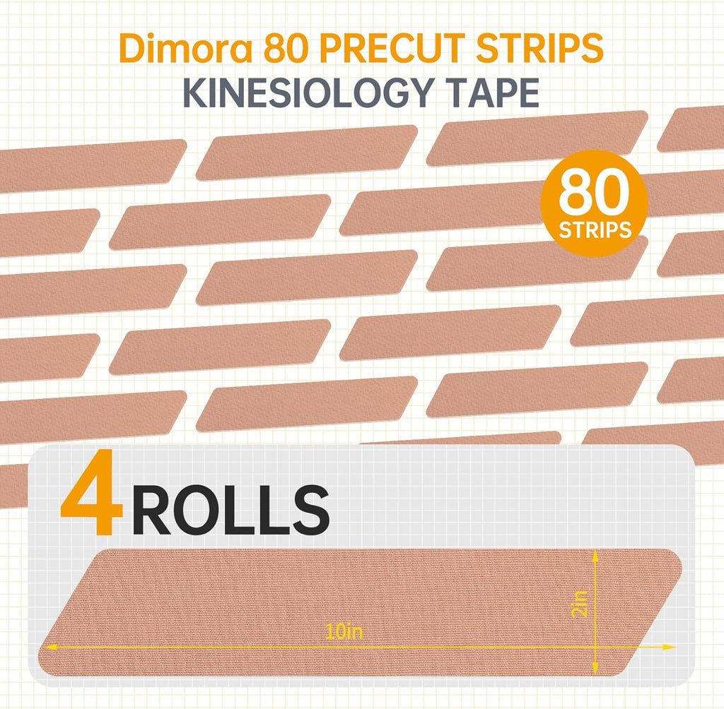 Dimora Kinesiology Tape, 80 Count Precut Strips, 10in Elastic Athletic Tape

