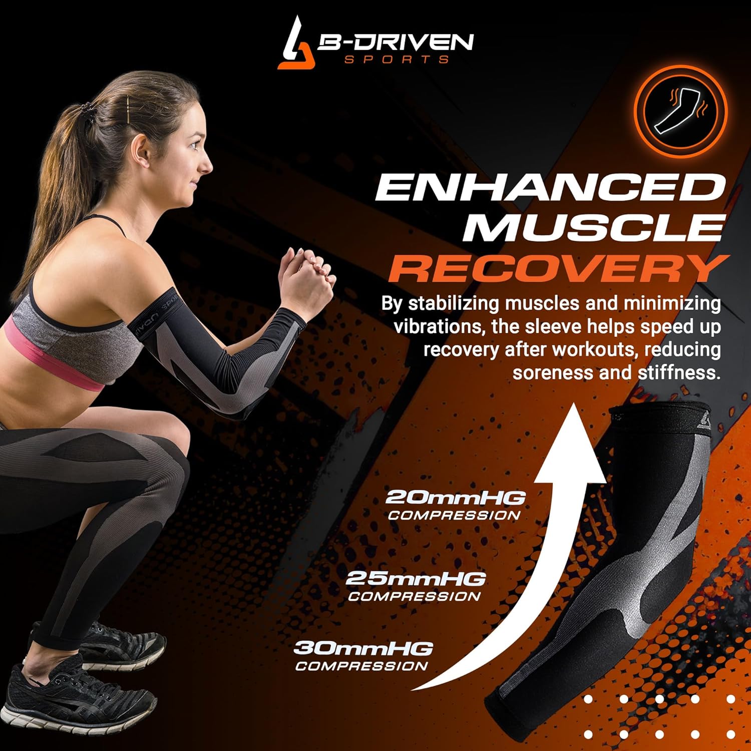 B-Driven Sports Graduated Compression Arm Sleeves, Medical Grade 20–30mmHg


