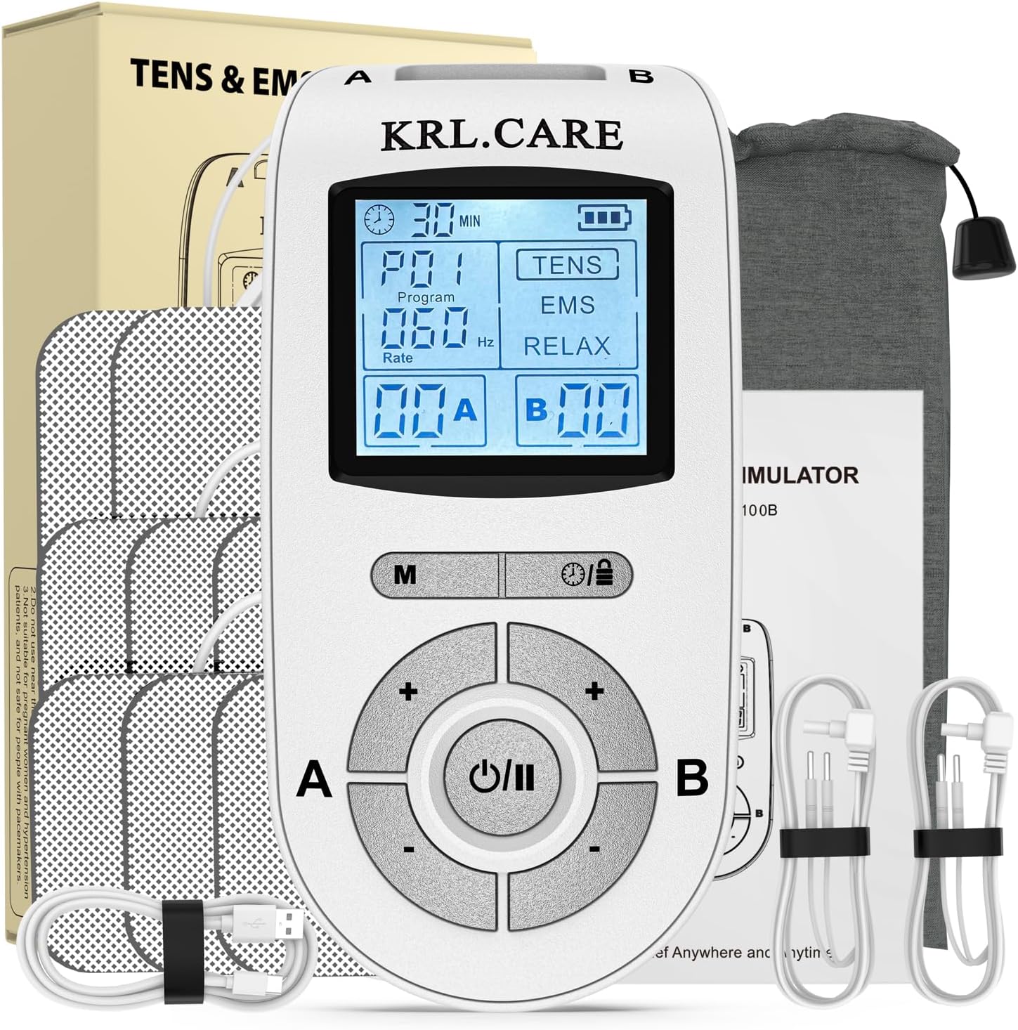 KRL.CARE Dual Channel TENS EMS Unit Muscle Stimulator with 8 Pads and 24 Modes

