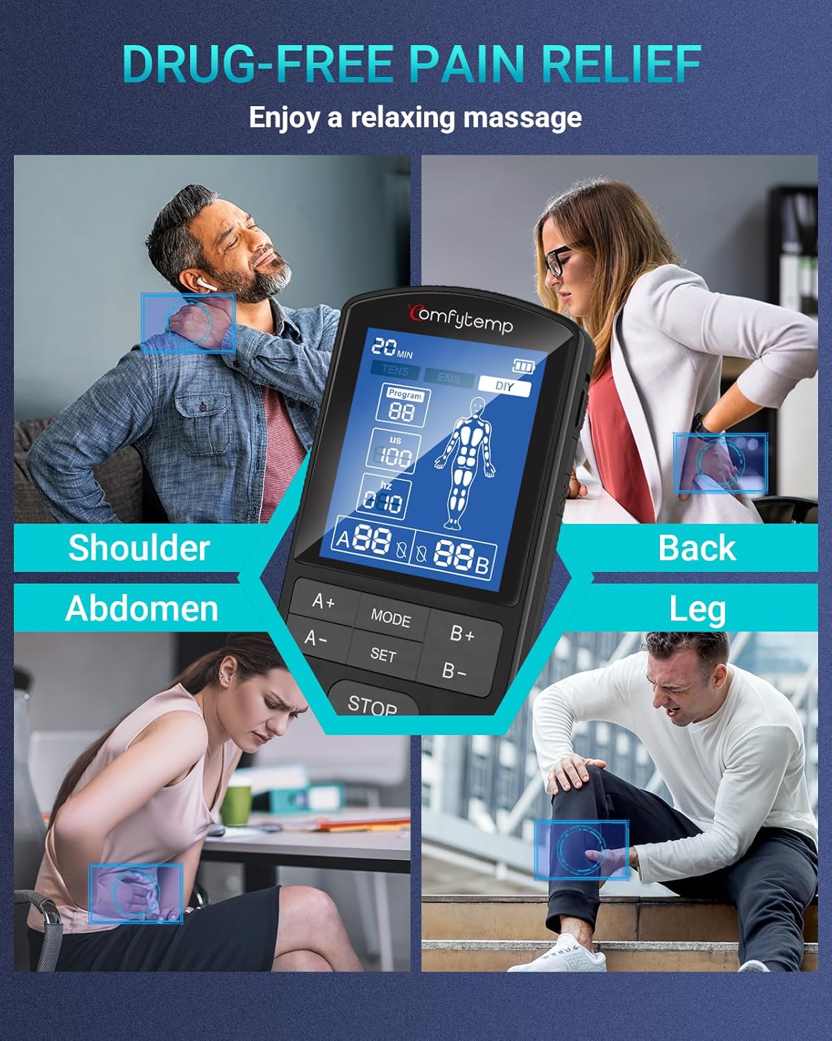 Comfytemp Dual Channel TENS & EMS Muscle Stimulator for Pain Relief, 24 Modes

