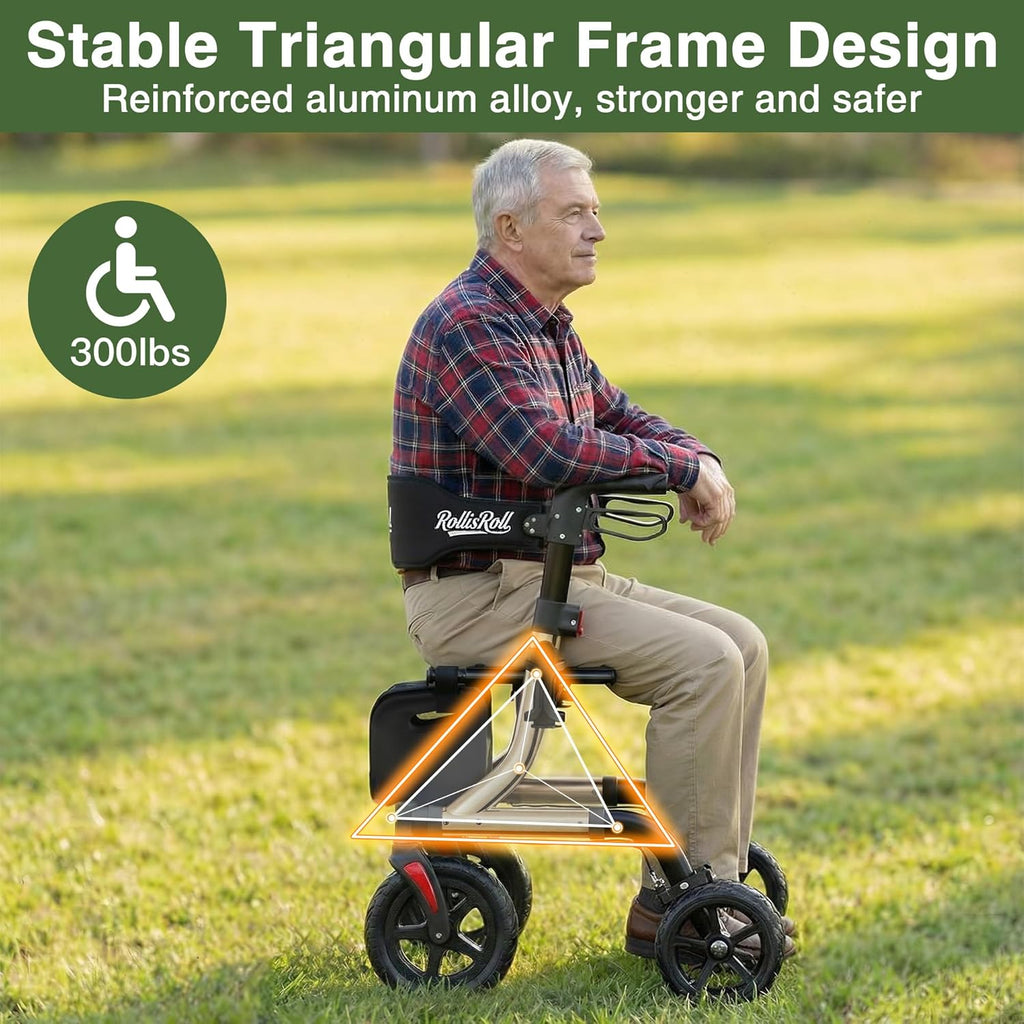RollisRoll Rollator Walker with Seat, Foldable 4-Wheel, 10" All-Terrain Rubber Wheels

