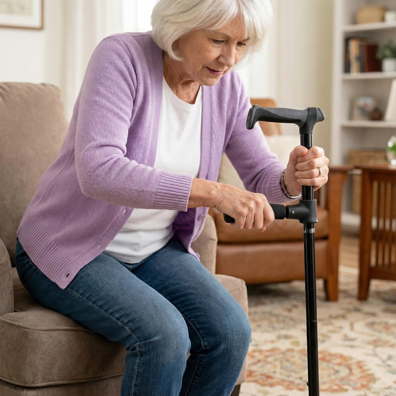 Foldable Adjustable Walking Cane with Dual Handles, Self-Standing, 350 lb

