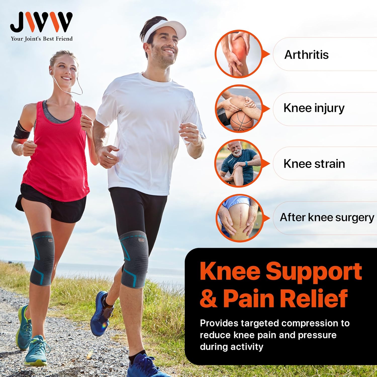 JWW Plus Size Knee Compression Sleeve 2 Pack Knee Brace for Knee Pain Support

