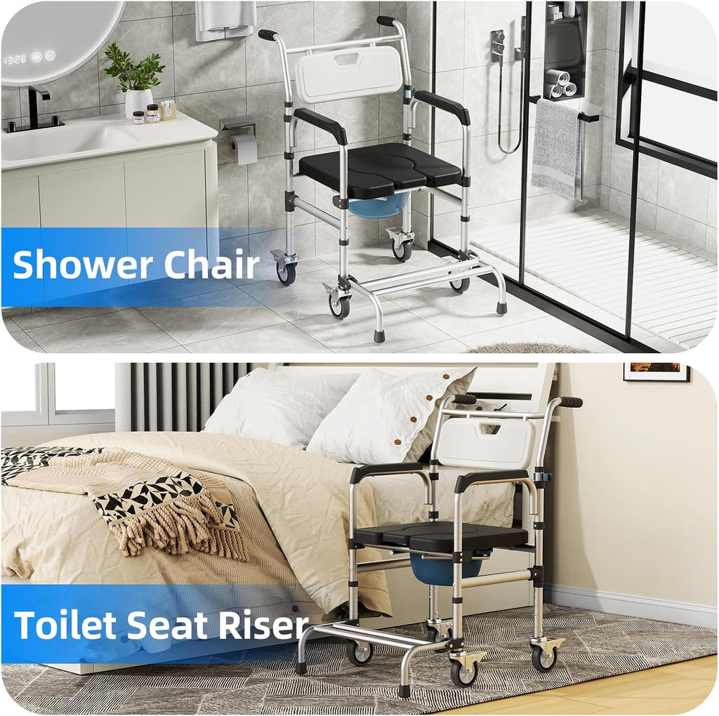 4-in-1 Rolling Bedside Commode Chair with Wheels for Shower and Raised Toilet Seat

