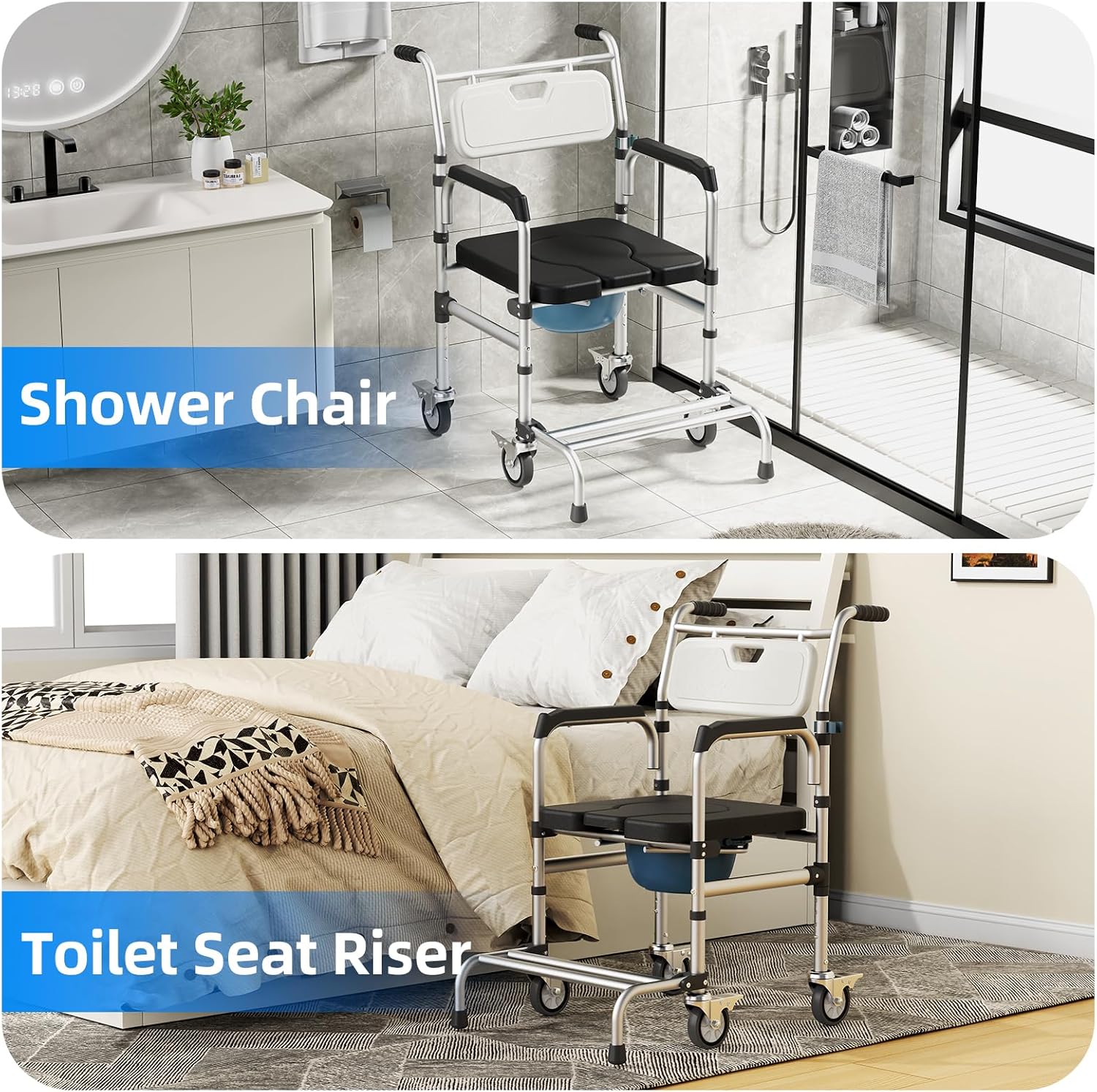 4-in-1 Rolling Bedside Commode Chair with Wheels for Shower and Raised Toilet Seat

