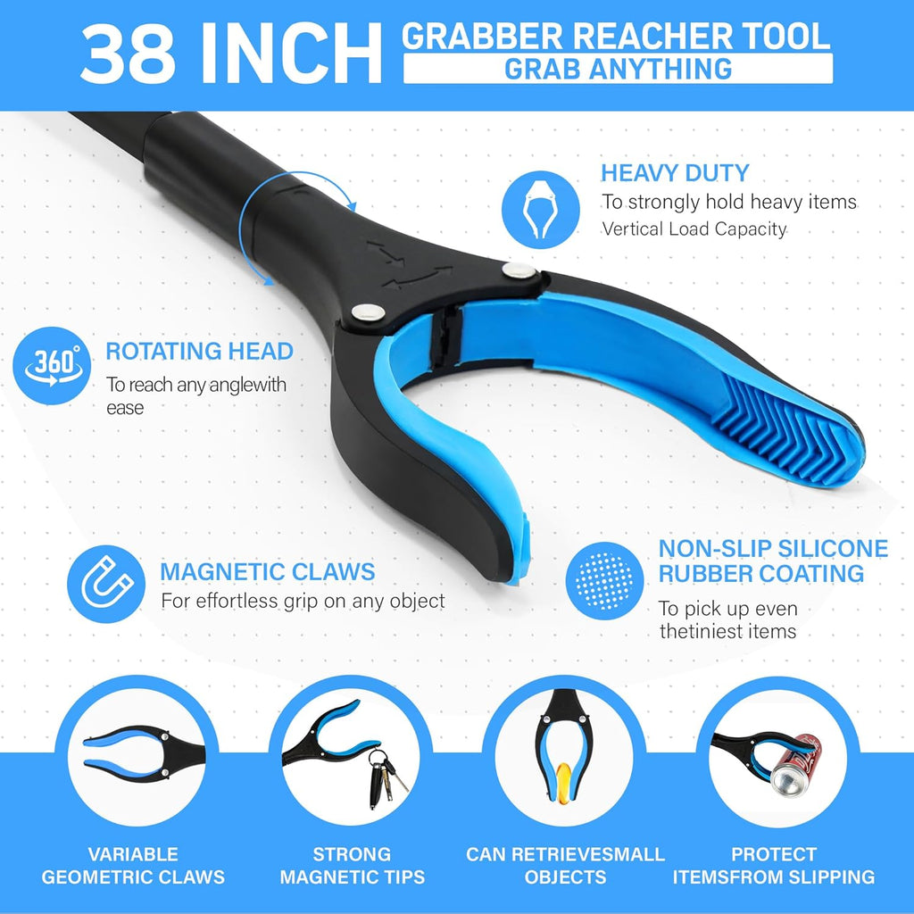 38 in Foldable Reacher Grabber Tool with 360° Rotating Jaw and Magnet, 3-Pack

