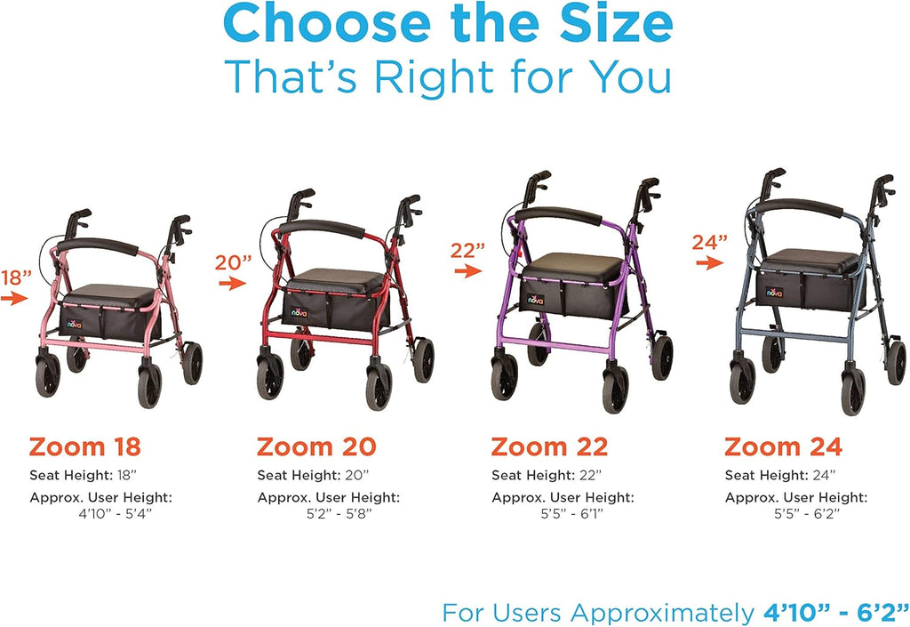 NOVA Zoom Rollator Walker with Padded Seat, Folding Lock, Locking Hand Brakes


