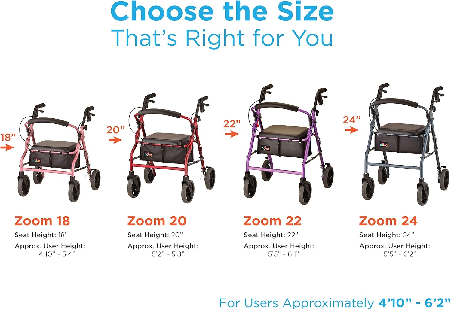 NOVA Zoom Rollator Walker with Padded Seat, Folding Lock, Locking Hand Brakes

