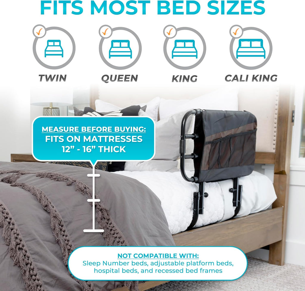 Stander EZ Adjust Bed Rail Adjustable Safety Assist Rail with Organizer Pouch, Black

