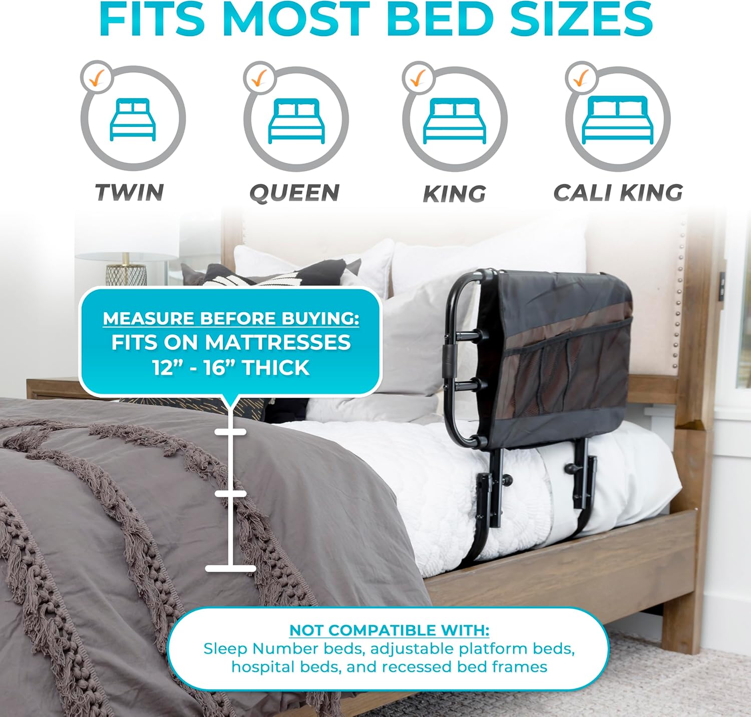 Stander EZ Adjust Bed Rail Adjustable Safety Assist Rail with Organizer Pouch, Black

