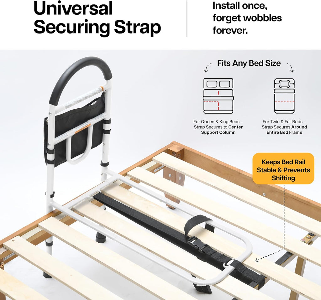 Bed Assist Rail for Seniors with Adjustable Height, Storage Pocket, and Floor Support

