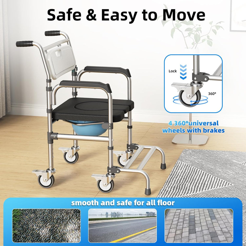 4-in-1 Rolling Bedside Commode Chair with Wheels for Shower and Raised Toilet Seat

